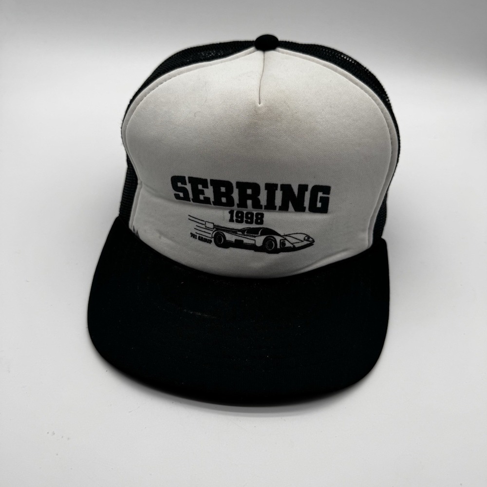 Vintage Sebring 1998 Trucker Hat Racing Snapback Mesh Cap White Black Race Car